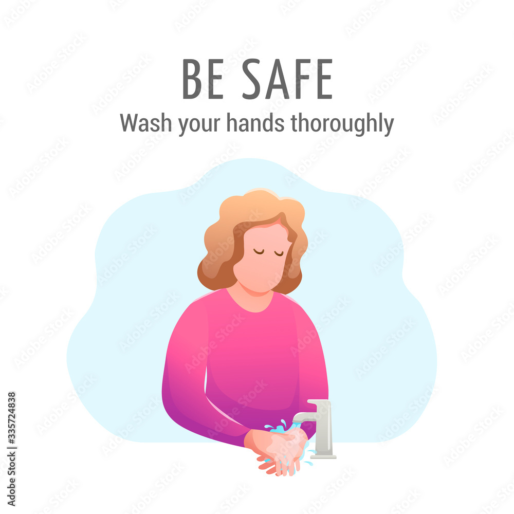 Medicine banner flat design isolated. Virus prevention and protection. Woman washes her hands with soap and water under tap. Coronavirus alert. Modern vector illustration. Medicine banner flat design isolated. Virus prevention and protection. Woman washes her hands with soap and water under tap. Coronavirus alert. Modern vector illustration.