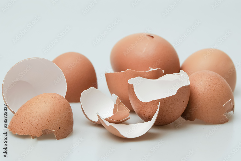 Broken egg shell on white background