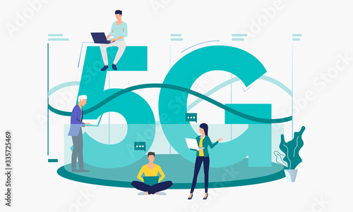 Professionals using high speed 5G network. Fifth generation, internet, speech bubble. Technology concept. Vector illustration can be used for topics like telecommunication, interacting, teamwork