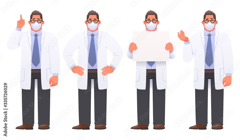 Character of a doctor in a protective medical mask in various poses and gestures on a white background. Character of a doctor in a protective medical mask in various poses and gestures on a white background.