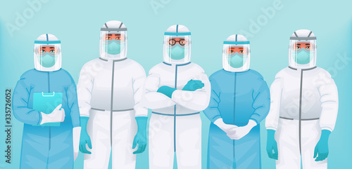 Internet poster with a team of doctors in protective suits, medical masks and glasses. Concept of the struggle of medical workers with the outbreak of the coronavirus epidemic COVID-2019.