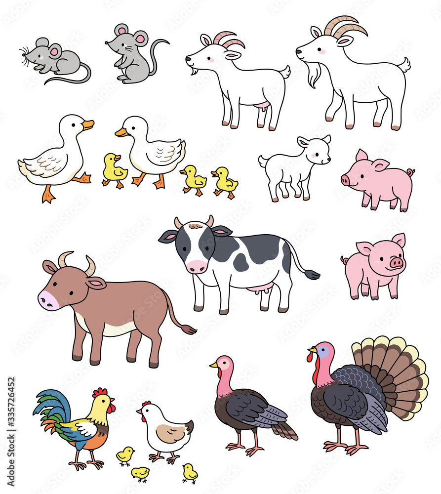 Fototapeta premium Common farm animals, family members with goats, chickens, ducks and other animals, cute simple line style