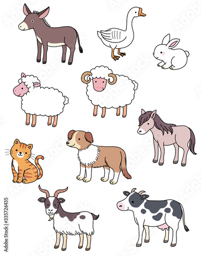 Common farm animals with donkeys, sheep, big white geese and other animals, cute and simple line style