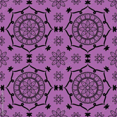 oriental seamless decorative mandala pattern with floral and geometric ornament. traditional ethnic turkish, indian, islamic, motifs. purple background.