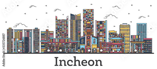 Outline Incheon South Korea City Skyline with Color Buildings Isolated on White.