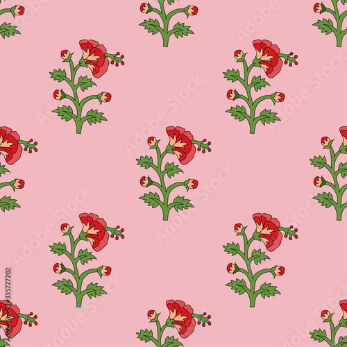 seamless red mughal flower pattern motifs on light red backdrop. abstract vector flower illustration.