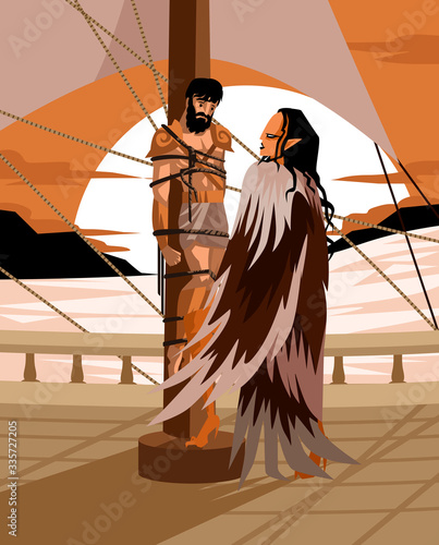 ulysses tied to the ship with ropes and the singing siren greek mythology tale photo