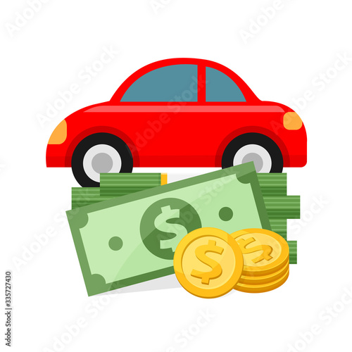 pile money and car red isolated on white background, clip art money and car for insurance business concept, illustration money and car icon cartoon, infographics money for buy and car sell financial