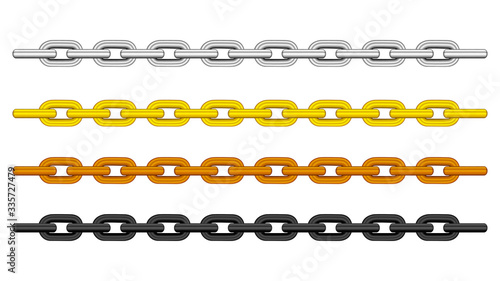 silver chain, gold chain, copper metal chain and black steel chains set isolated on black background, illustration chains