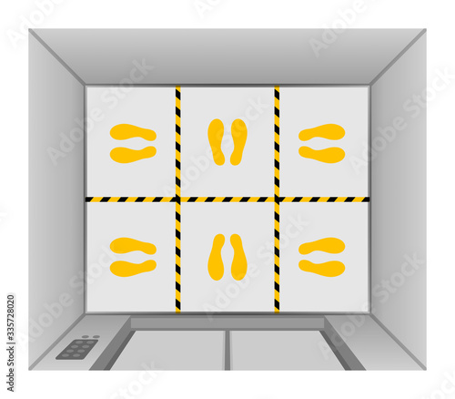 elevator lift floor with tape line yellow black stripe, footprints mark for standpoint at floor elevator inside, prevention of spreading covid-19 virus concept, elevator top view, footprints position