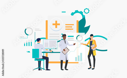 Medics working over charts vector illustration. Medical research, medical development, modern clinic. Healthcare concept. Creative design for layouts, web pages, banners