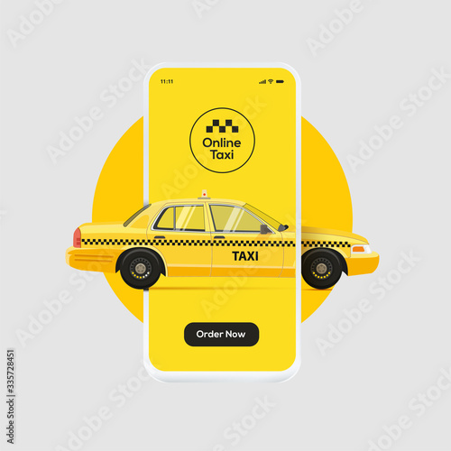 Online taxi ordering service banner design. Yellow cab driving through smartphone screen display. Vector illustration