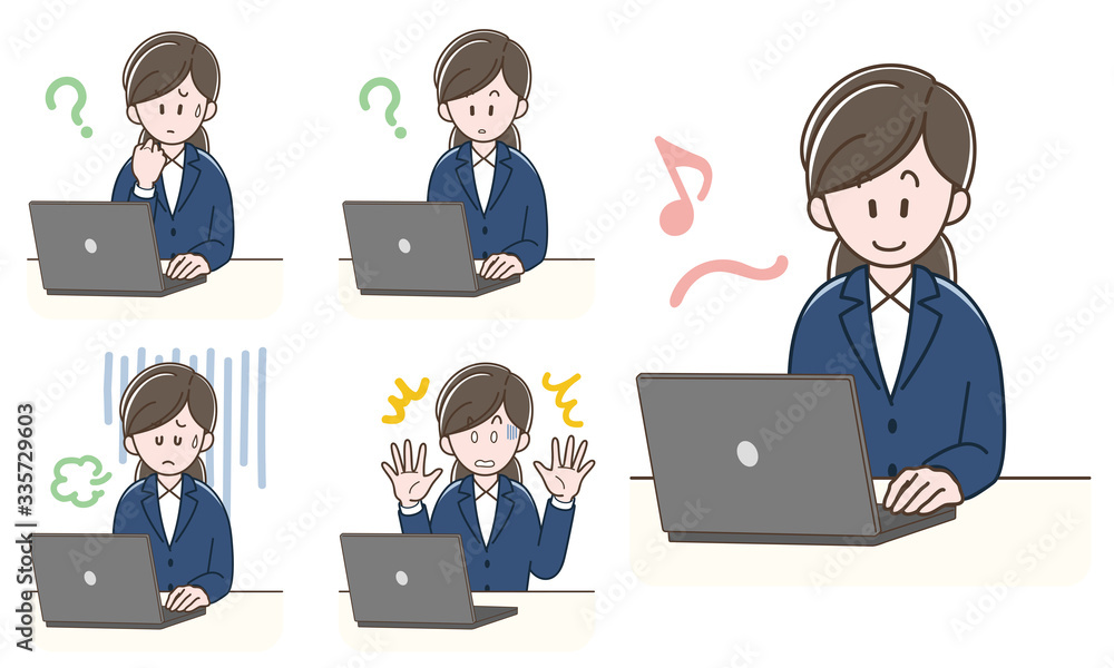 ノートパソコンで仕事をするスーツの女性_セット