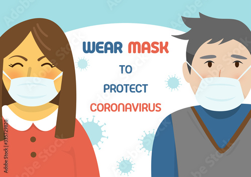 Man and Woman wear mask to prevent or protect Corona virus, cartoon vector illustration. How to prevent Covid-19 flat design concept.