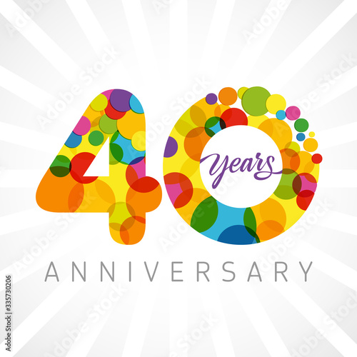 40 th anniversary numbers. 40 years old multicolored congrats. Cute congratulation concept. Isolated abstract graphic design template. Age digits. Up to 40%, -40% percent off discount. Decorative sign