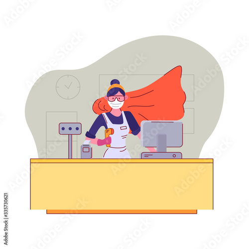 You are our heroes. Seller in medical mask and goggles stands behind the cash register in a supermarket with a superhero cloak during quarantine. Appreciation to sales staff. Vector illustration.