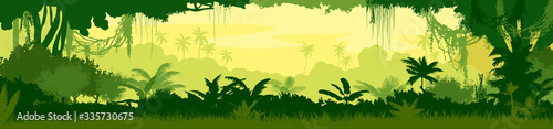 Golden morning in the jungle. Vector. Background horizontal picture. Thick spreading grass. Herbs, shrubs and trees. Upper branches and creepers create a frame. Green and yellow tones convey sunshine.