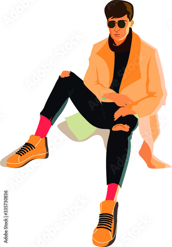 Fashionable man in long coat and torn jeans seating on white background. Isolated vector illustration.