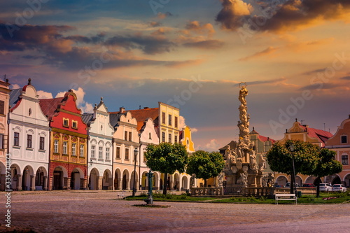 Picturesque street in small town Telc on a sunset. Czech Republic.