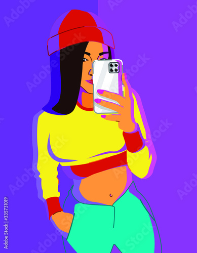 Young trendy girl in clothes of fashion of 90s takes selfie in mirror on mobile phone. Vector illustration.