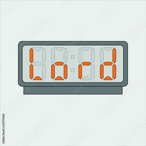 Vector image or picture of digital clock or alarm with orange letters showing text on the light grey background. Stylized word lord on digital or electronic device