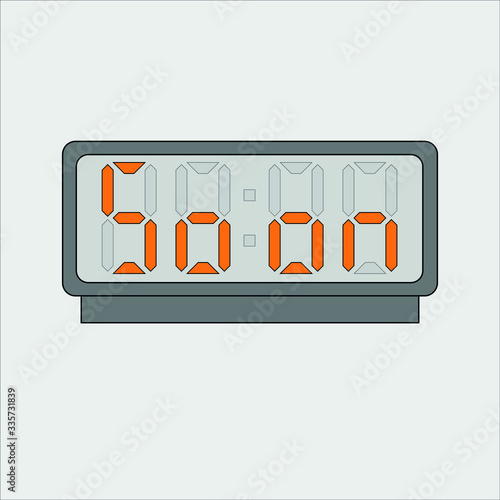 Vector image or picture of digital clock or alarm with orange letters showing text on the light grey background. Stylized soon on digital or electronic device