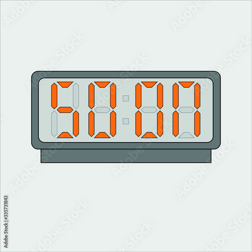 Vector image or picture of digital clock or alarm with orange letters showing text on the light grey background. Stylized soon on digital or electronic device photo