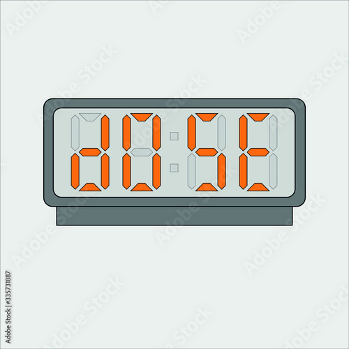Vector image or picture of digital clock or alarm with orange letters showing text on the light grey background. Stylized word on digital or electronic device
