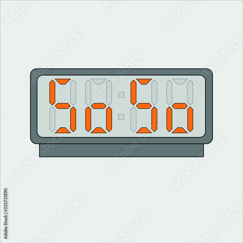 Vector image or picture of digital clock or alarm with orange letters showing text on the light grey background. Stylized words So So on digital or electronic device