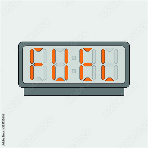 Vector image or picture of digital clock or alarm with orange letters showing text on the light grey background. Stylized word fuel on digital or electronic device