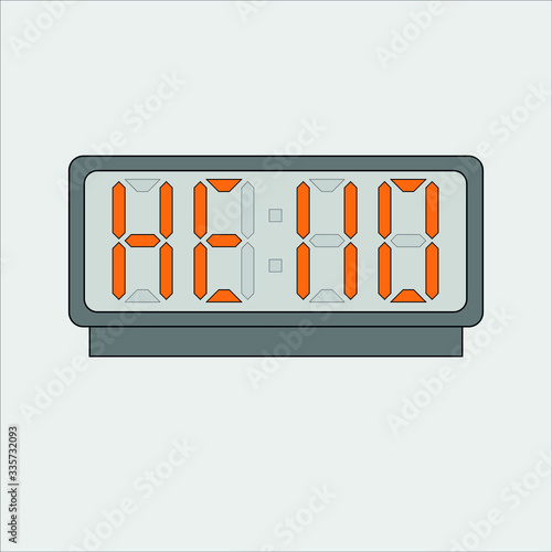 Vector image or picture of digital clock or alarm with orange letters showing text on the light grey background. Stylized word hello on digital or electronic device