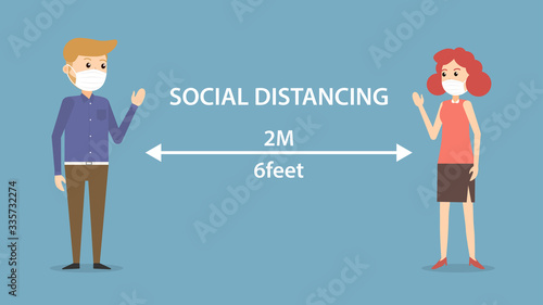 Social distancing man and woman character wearing medical mask  maintain to prevent from virus