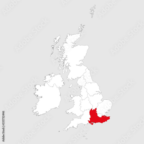 South east highlighted red on united kingdom map. Light gray background. Perfect for Business concepts, backgrounds, backdrop, chart, label, sticker, banner and wallpapers.