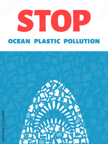 Stop ocean plastic pollution concept vector illustration. Killer shark outline filled with plastic waste icons. Underwater wildlife danger concept, global environmental problem banner.