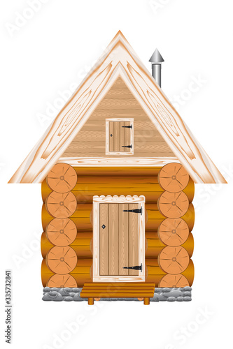 The wooden house is built on a stone base, with an entrance door and an attic, a metal chimney on the roof