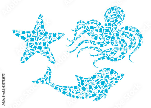 Plastic waste ocean environment problem concept vector illustration. Ocean animals outline set filled with plastic waste flat icons, isolated on white background. Underwater wildlife danger concept