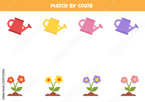 Match colorful watering pots and flowers by color.
