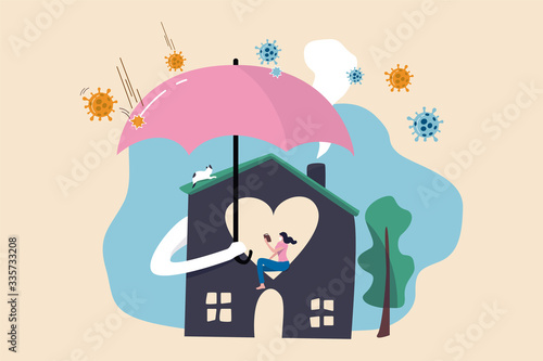 Coronavirus Stay home Stay safe, people stay at home to protect from COVID-19 Coronavirus spreading concept, woman reading book safely at home with house holding umbrella protect from virus pathogen.