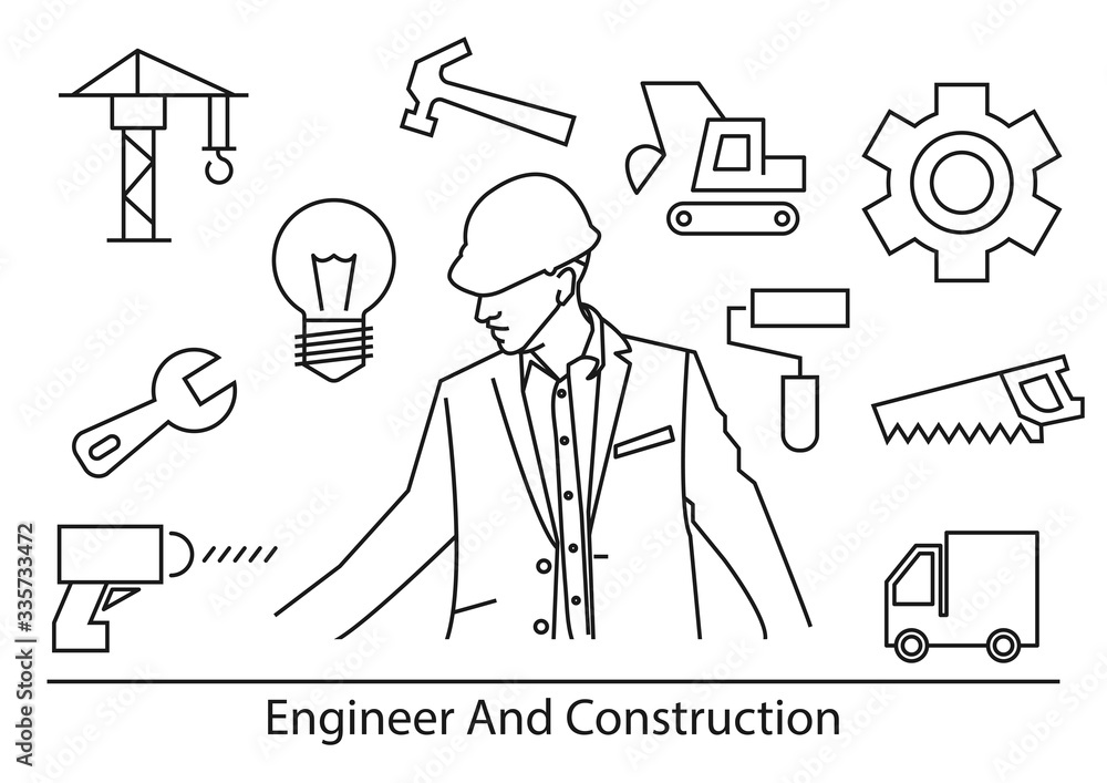 Engineer and construction icons,cunstruction crane,wrench,screwdriver,bulb,hammer,dozer,brush,gears, saw,truck,vector illustrations