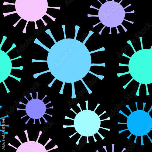 Seamless Coronavirus vector pattern. Sign of 2019-nCoV, MERS-Cov, Novel coronavirus. Black wallpaper with blue lilac virus strain model for medical illustration, web. Covid-19 virus stock background