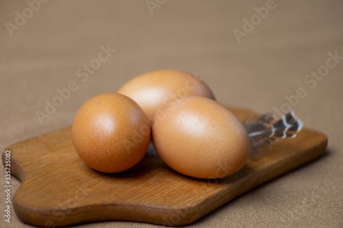 Fresh natural chicken eggs on a wooden stick. Farm brown eggs. On a background of brown fabric