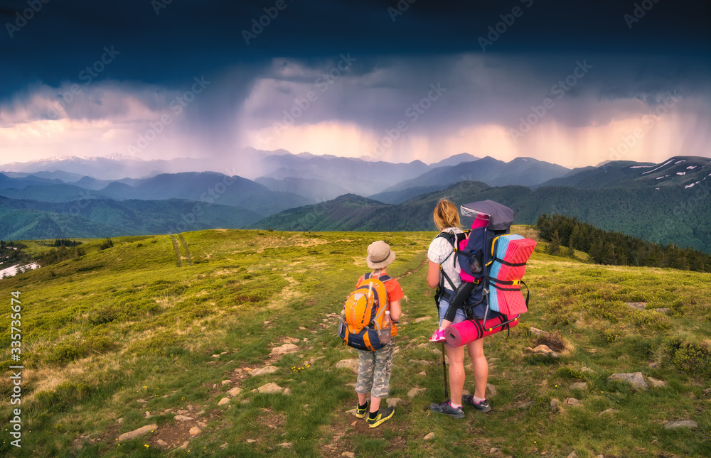 Family on a mountain trail