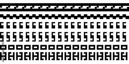 Elements of artistic ornament, borders, black on white background. Seamless pattern, vector design.	