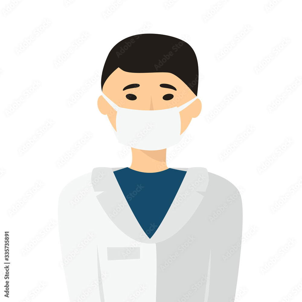 illustration of a man doctor nurse of oriental appearance with dark hair, a Chinese, a Japanese, a Korean in a protective medical mask. protection against diseases, viruses, infections.