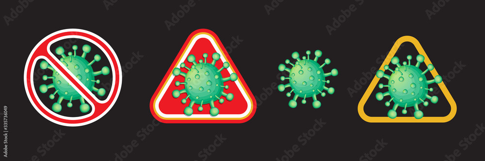 Stop coronavirus and quarantine sign icon set isolated on black background. Stop coronavirus and quarantine sign icon set isolated on black background.