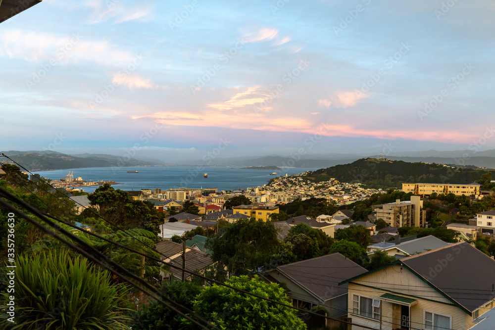 Sunset over Wellington city harbor, New Zealand