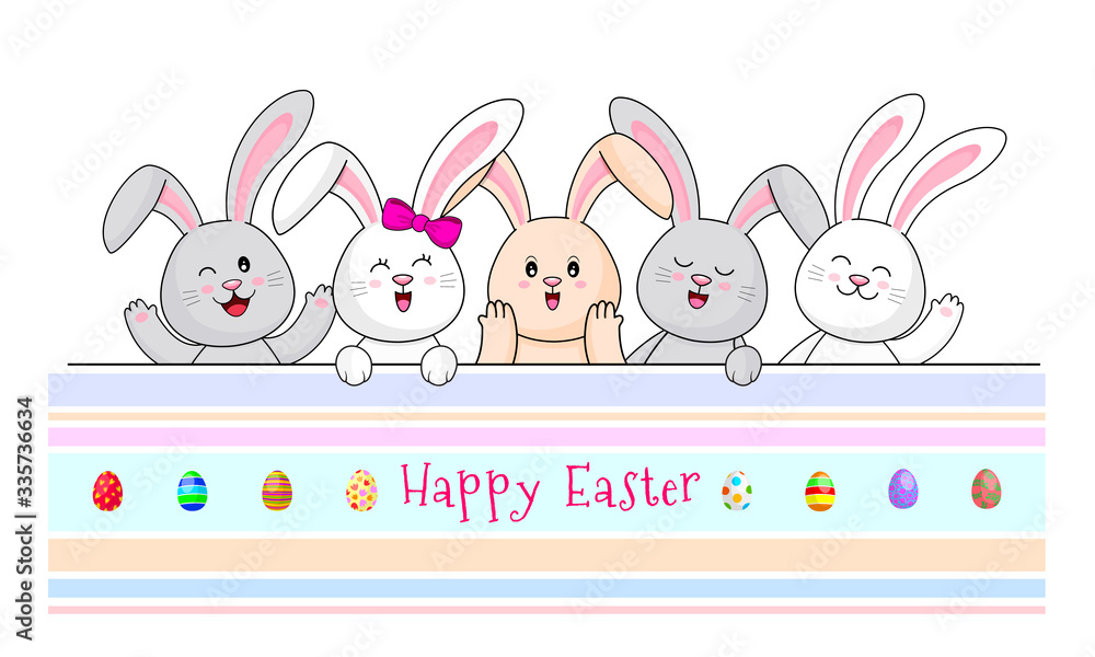 Cute cartoon rabbits with Easter eggs. Happy Easter day concept. Cartoon character design, vector illustration. Cute cartoon rabbits with Easter eggs. Happy Easter day concept. Cartoon character design, vector illustration.