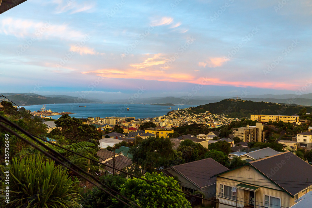 Sunset over Wellington city harbor, New Zealand Sunset over Wellington city harbor, New Zealand