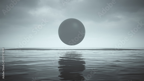 Mysterious Black Geo Sphere Floating  on Black Sand Surrounded by Water 3d illustration 3d render  