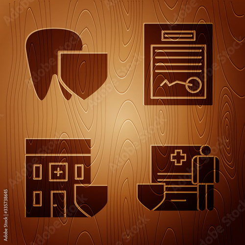 Set Medical clipboard with clinical record, Tooth with shield, Medical hospital building with shield and Filled form on wooden background. Vector